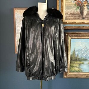 Vintage‎ Arrow Leathercare Genuine Leather Bomber Jacket Fur Collar Black XS USA